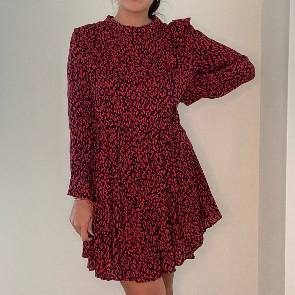 Zara • Black & Red Leopard Print Long Sleeve Short Dress Size Medium